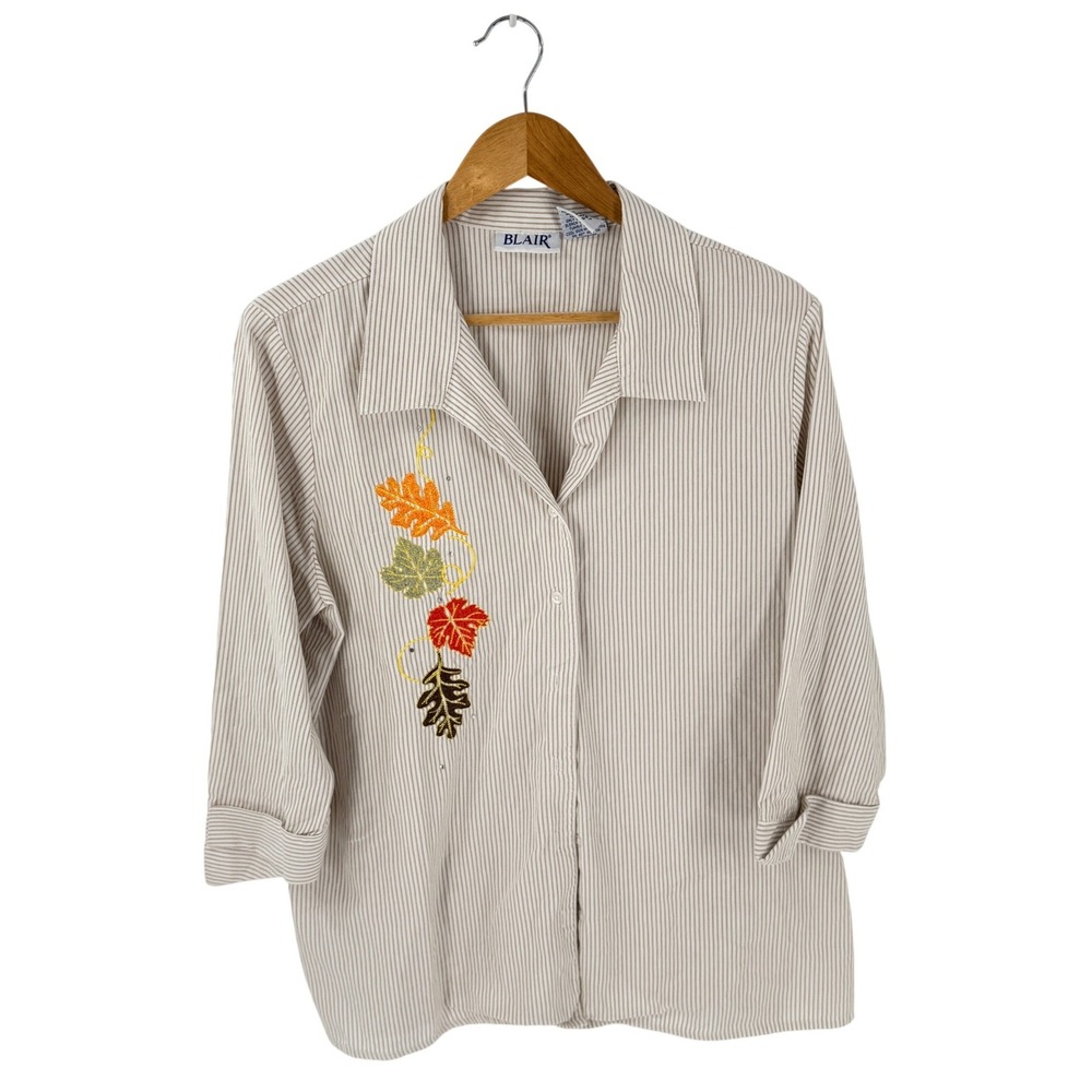 Vintage Fall Leaf Embroidered Tan Striped Button Up Top Large 3/4 Sleeve Novelty